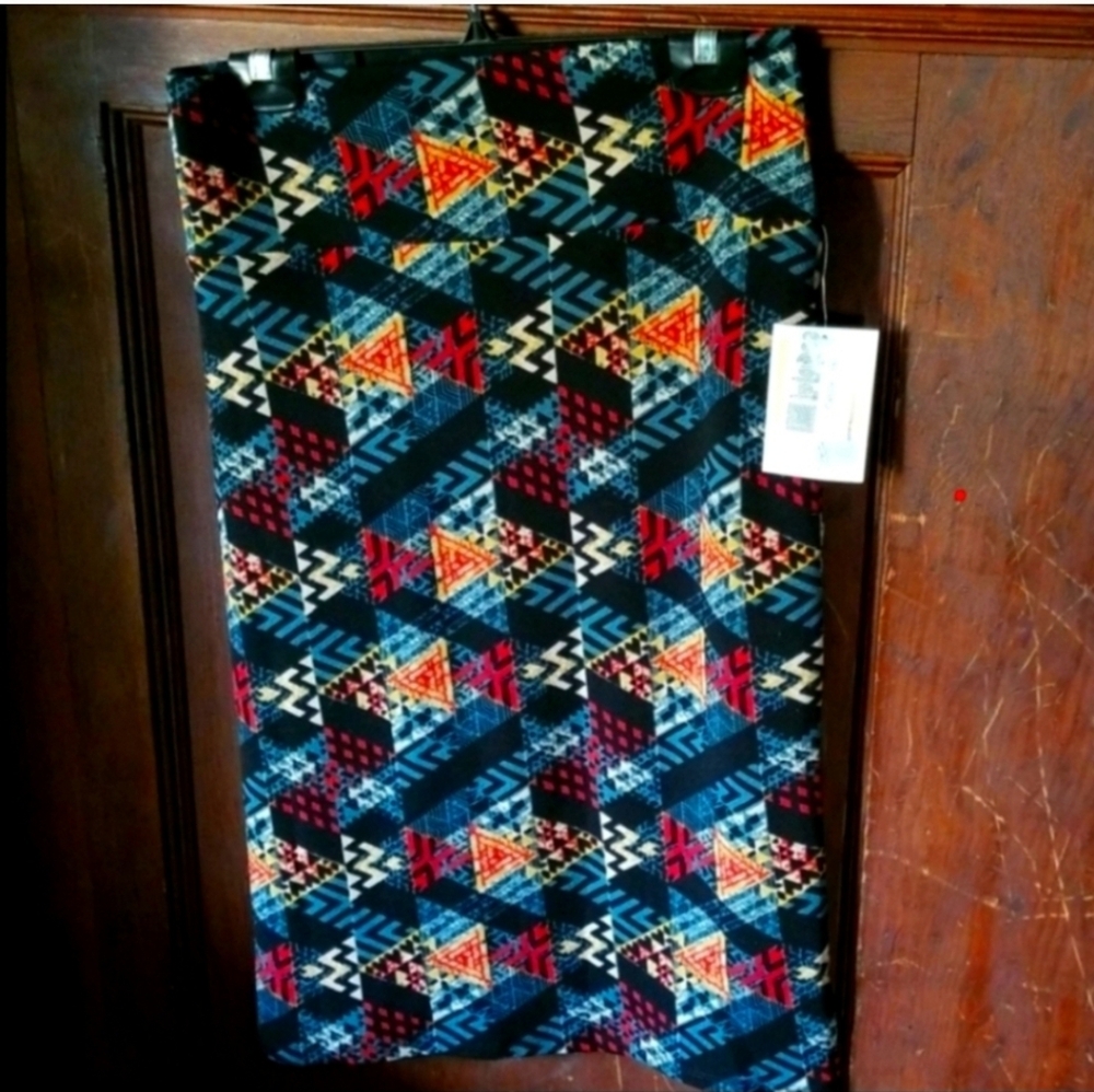 LuLaRoe Cassie Skirt with Red, Blue, and Yellow Pattern